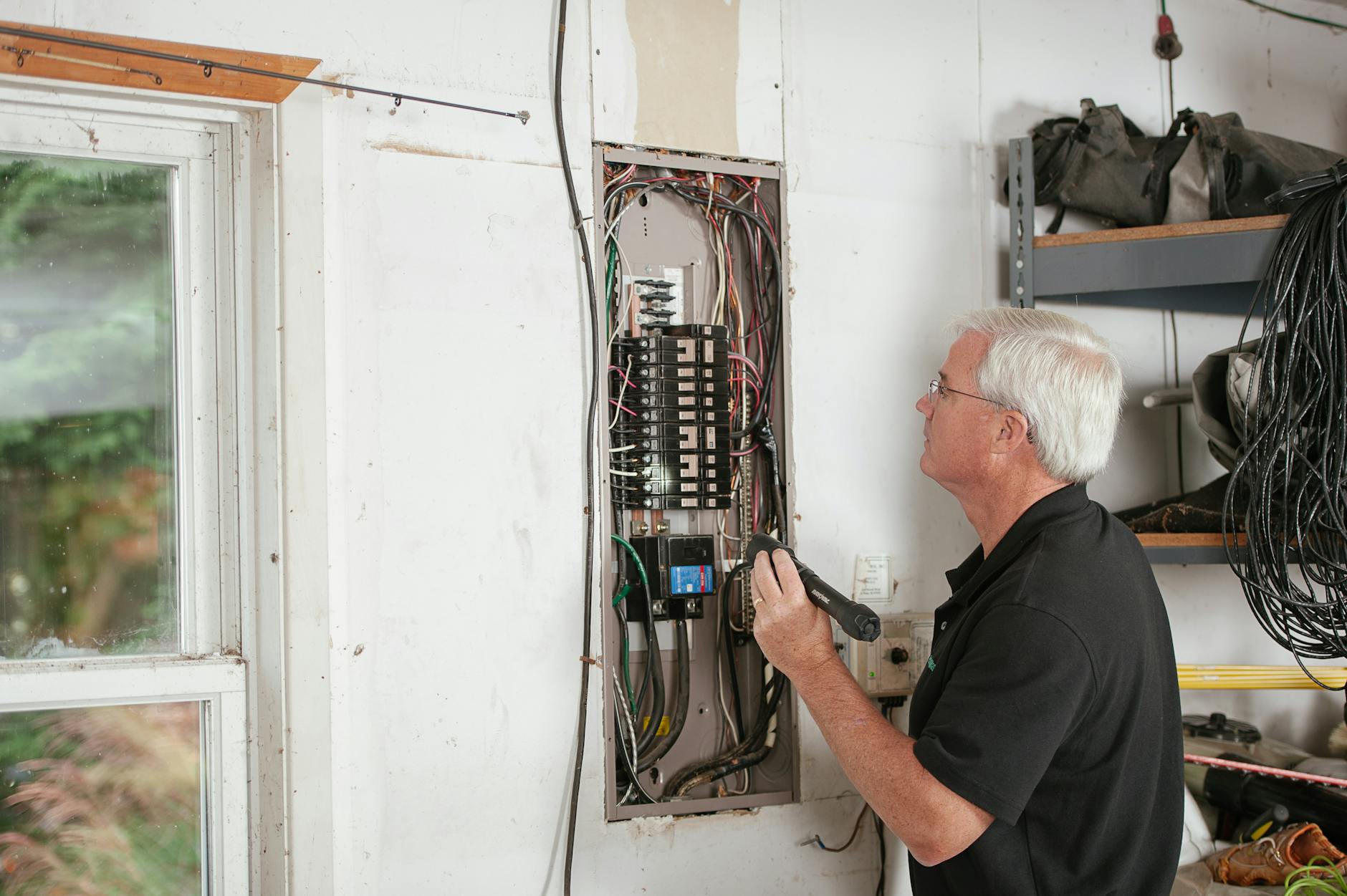 DEWA-registered electrician inspecting a distribution board in a Dubai apartment